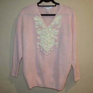 Vtg 1980s Eddie Dassin PINK Wool Angora Pearl Sequin V Neck Sweater sz Large